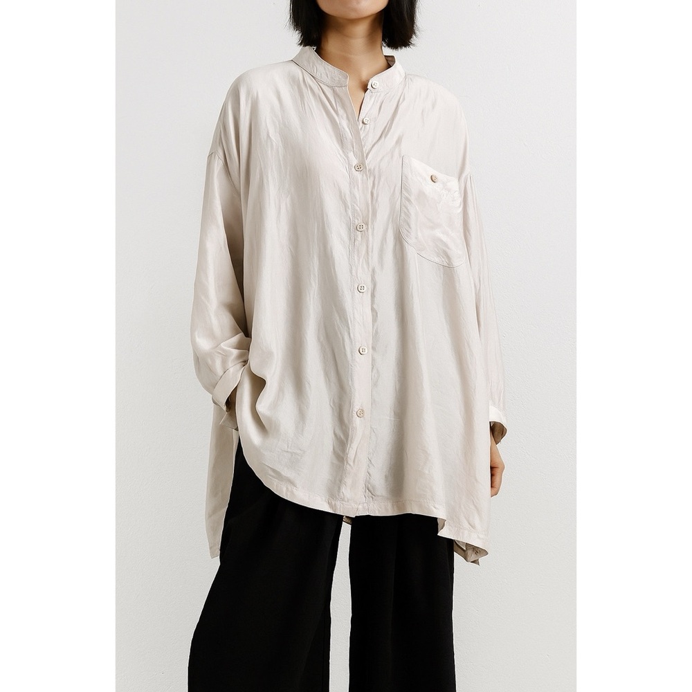 Blair Boutique | Plus Size Silky Mandarin Collar Long Sleeve Button Front Blouse